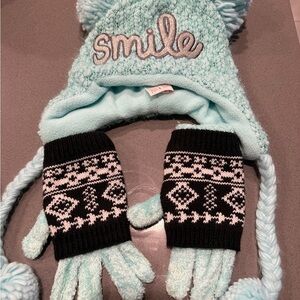 Justice kids Blue and Black Winter Hat and Gloves Set